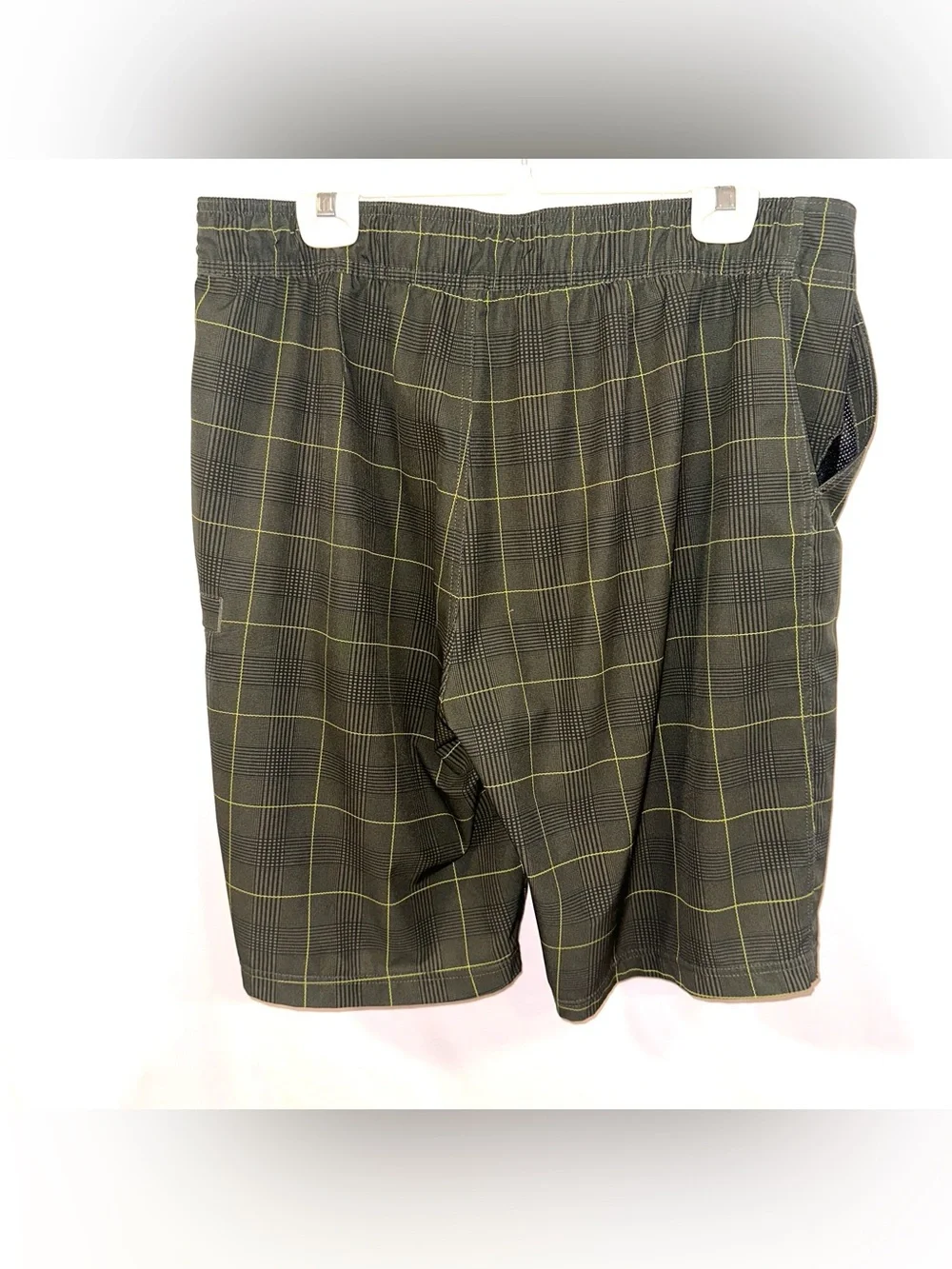 Prana Olive Green Plaid Swim Board Shorts 10” Inseam Size 38 With Pockets
